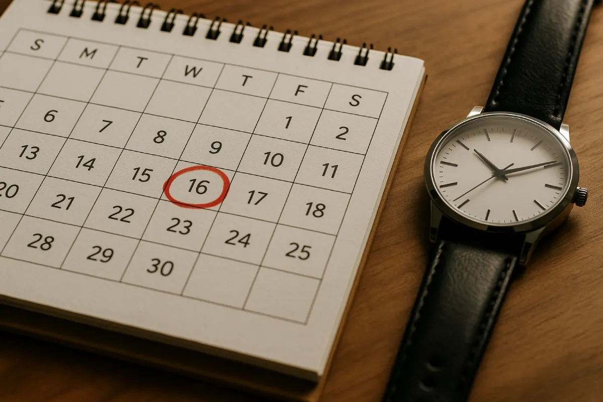 Wall calendar with 15 days circled and wristwatch – visualising cheque bounce case time limit before filing